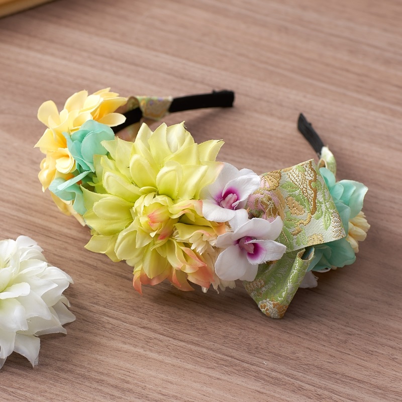 造花アレンジ紹介 ダリアとマムの西陣織カチューシャ はなどんやマガジン