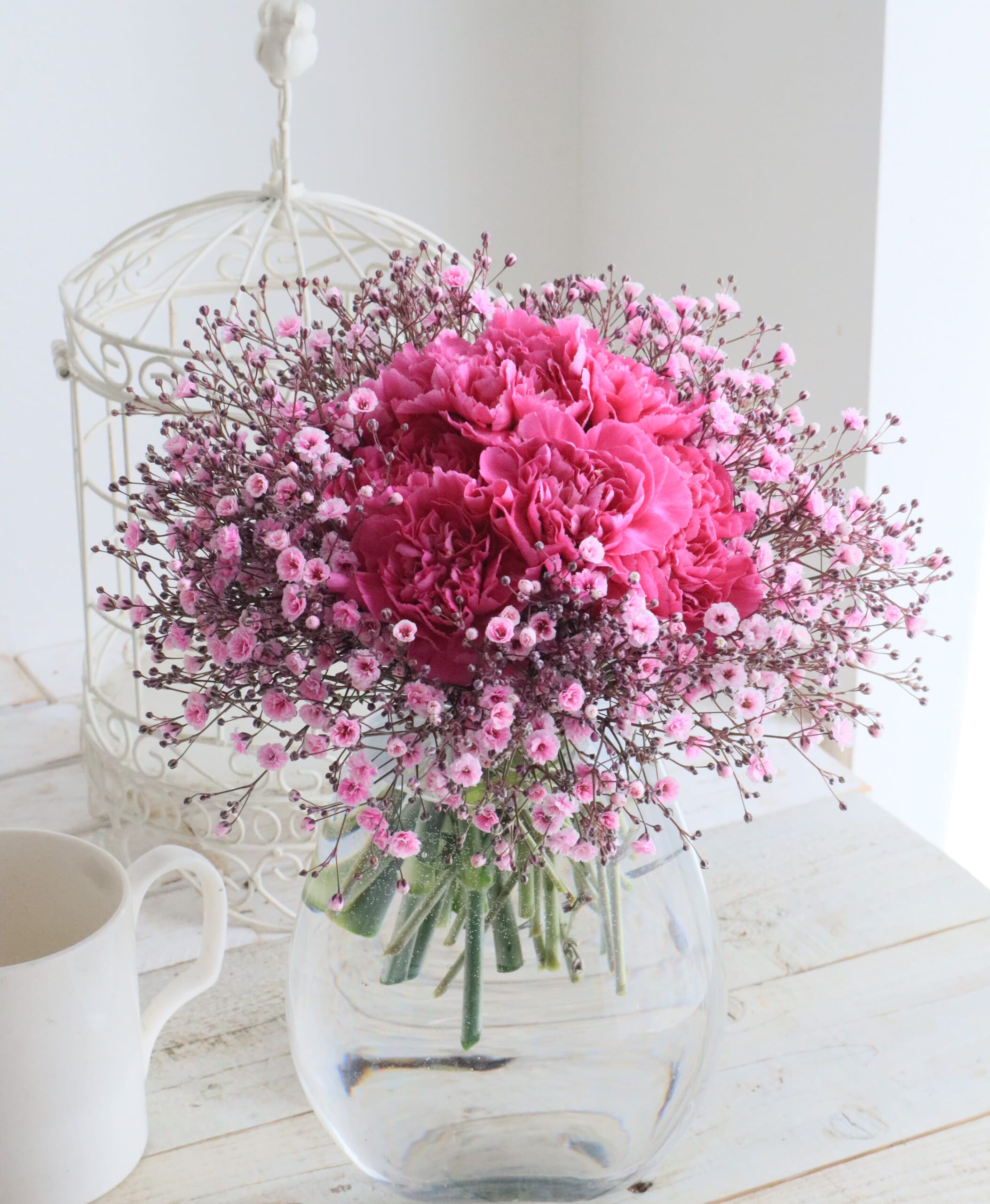 カーネーションと染かすみ草のピンクブーケ』の作り方 ～うきうき花